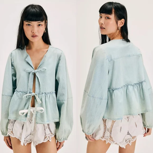 NWTvFree People Brunch Babe Denim Blouse - Picture 1 of 8